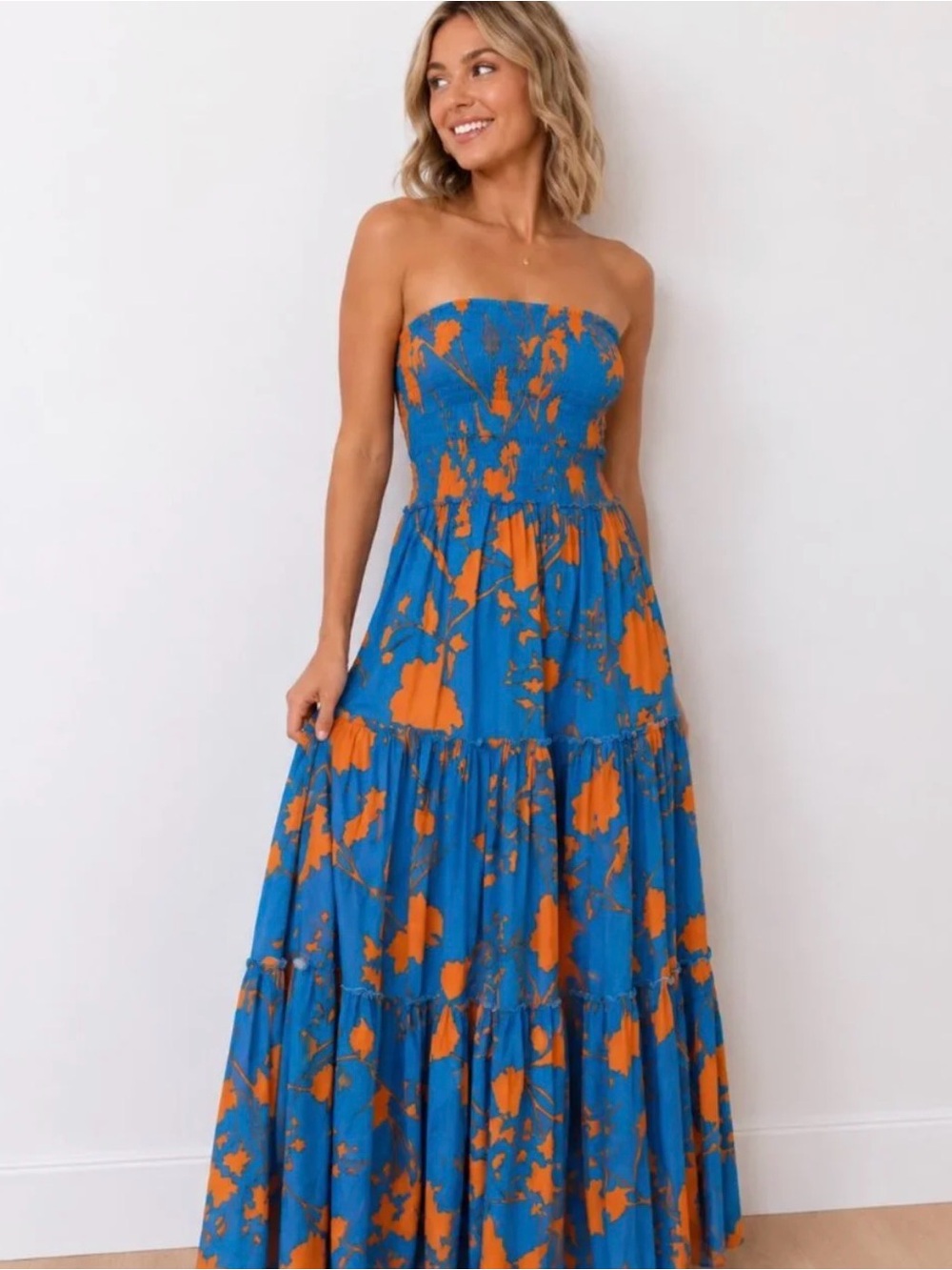 Abel The Label Smocked Bodice Blue and Orange Floral Maxi Dress